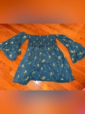 Free People Teal Floral Off-Shoulder Smocked Tunic
